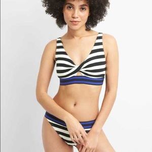 GapFit Twist Front Bikini Top + Classic Bottom Black Navy White stripe, Small